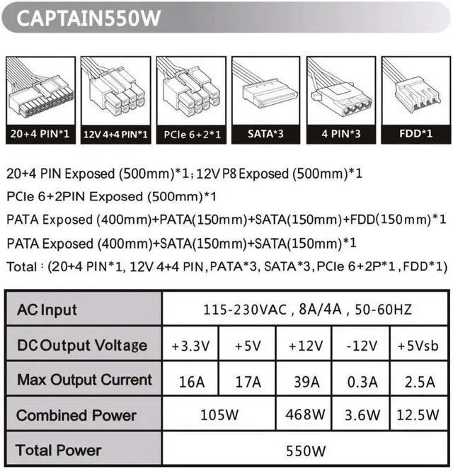 Alt view image 5 of 5 - Apevia CAPTAIN550 ATX Power Supply with All Black Cables