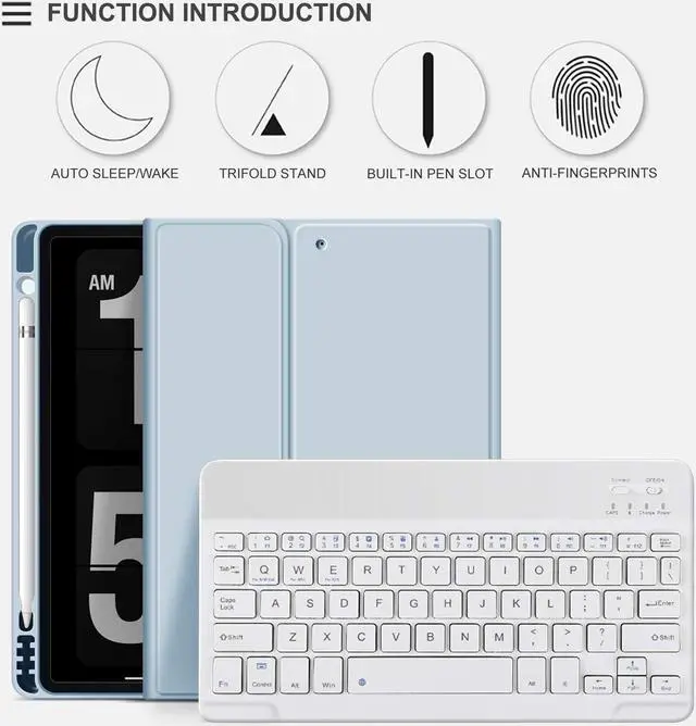 Alt view image 3 of 5 - aoub Case for iPad 6th/5th Generation 9.7 inch, iPad Air 2, iPad Air, Stand Folio Detachable Wireless Bluetooth Keyboard Cover Soft TPU Back Case with Pencil Holder for iPad 9.7, Sky Blue