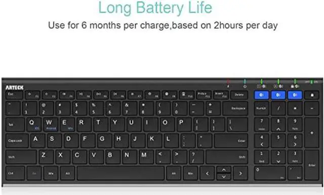 Alt view image 5 of 5 - Arteck HB193 Universal Bluetooth Keyboard Multi-Device Stainless Steel Full Size Wireless Keyboard for Windows, iOS, Android, Computer Desktop Laptop Surface Tablet Smartphone Rechargeable Battery