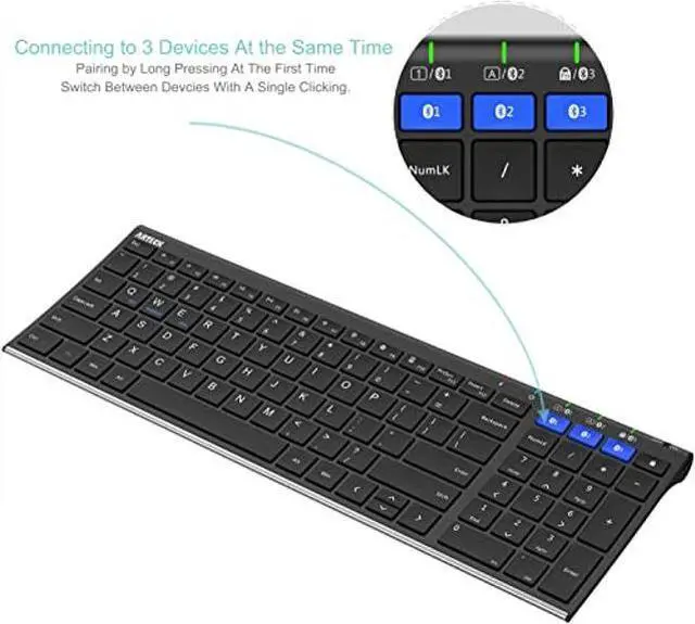 Alt view image 2 of 5 - Arteck HB193 Universal Bluetooth Keyboard Multi-Device Stainless Steel Full Size Wireless Keyboard for Windows, iOS, Android, Computer Desktop Laptop Surface Tablet Smartphone Rechargeable Battery