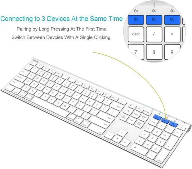 Alt view image 3 of 5 - Arteck Bluetooth Keyboard for Mac iPad Multi-Device Stainless Steel Full Size Wireless Keyboard Compatible with iPad, iMac, Mac mini, MacBook, iPhone, Mac OS, iOS, Built-in Rechargeable Battery