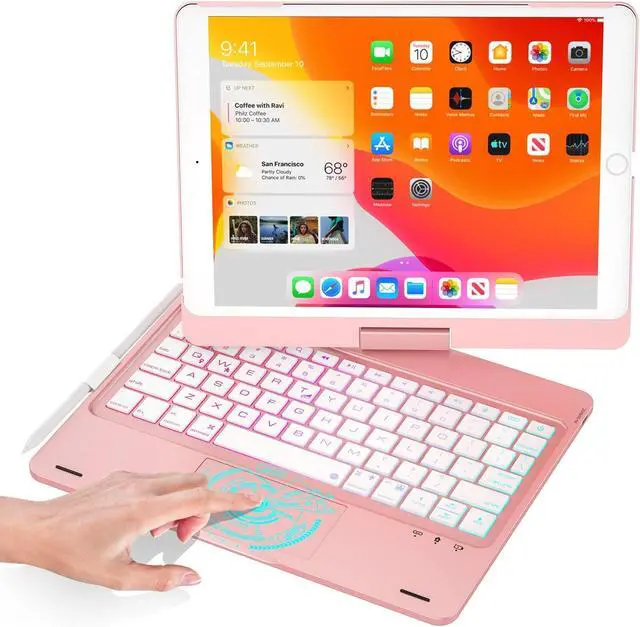 Main image of BABG iPad 9th Generation Case with Keyboard,360° Rotatable,Touchpad,Backlit Keyboard with Pencil Holder for 10.2 inch iPad 9th Gen 2021/ 8th Gen 2020/7th Gen 2019 and iPad Air 3/Pro 10.5"-Rose Gold