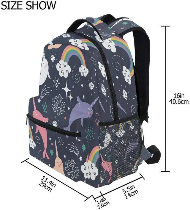 Alt view image 2 of 5 - Backpack for Girls Kids Boys Teens Rainbow Narwhal Lightweight Bookbag School Bag Laptop Bags Travel Hiking Camping Daypack