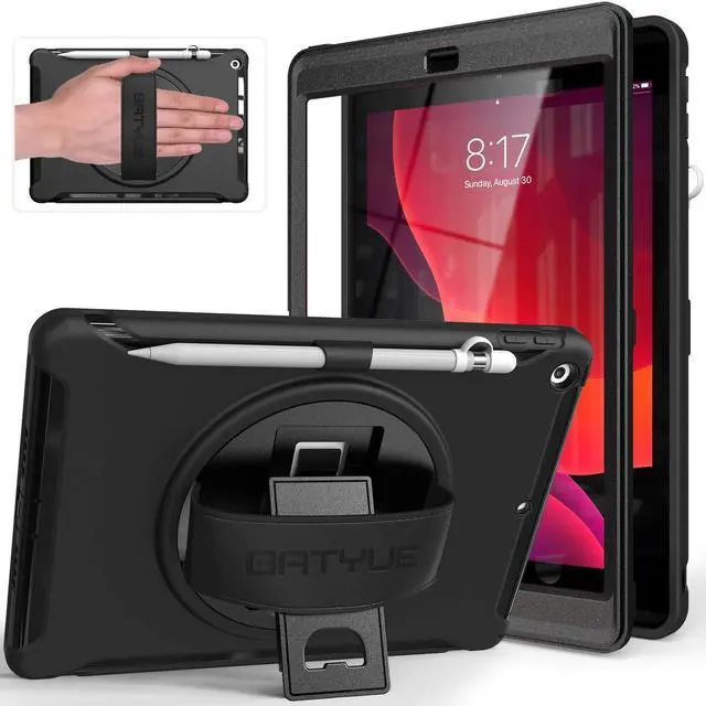 Main image of BATYUE iPad 9th/ 8th/ 7th Generation Case (iPad 10.2 inch Case 2021/2020/2019) with Screen Protector, Rotating Stand/Hand Strap/Pencil Holder/Pencil Cap Holder (Black)