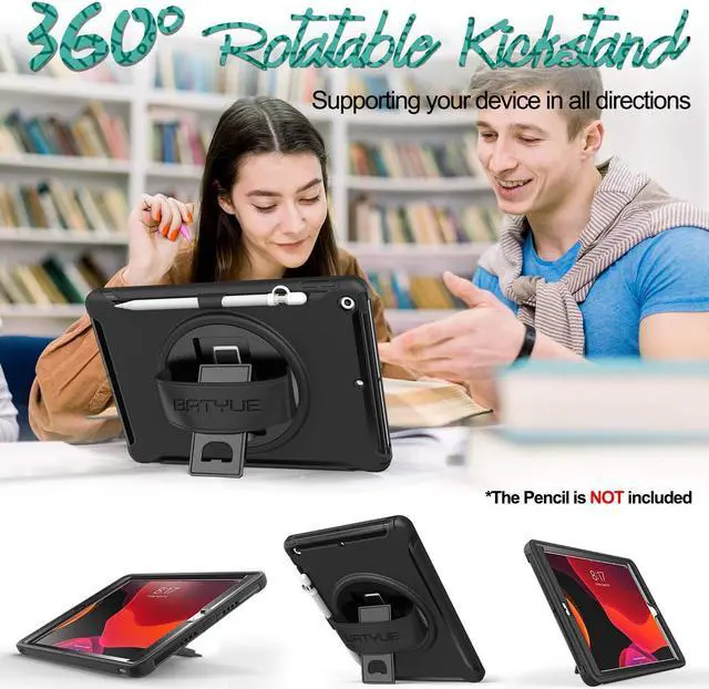 Alt view image 4 of 5 - BATYUE iPad 9th/ 8th/ 7th Generation Case (iPad 10.2 inch Case 2021/2020/2019) with Screen Protector, Rotating Stand/Hand Strap/Pencil Holder/Pencil Cap Holder (Black)