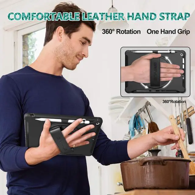 Alt view image 3 of 5 - BATYUE iPad 9th/ 8th/ 7th Generation Case (iPad 10.2 inch Case 2021/2020/2019) with Screen Protector, Rotating Stand/Hand Strap/Pencil Holder/Pencil Cap Holder (Black)