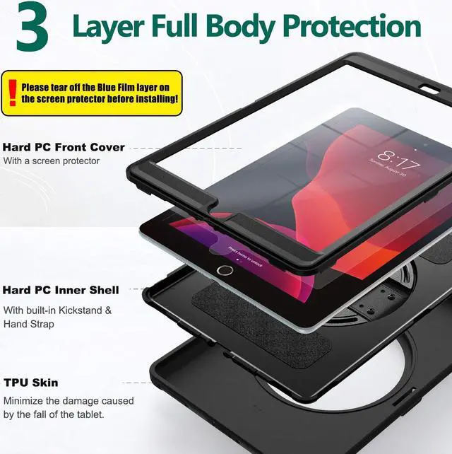 Alt view image 5 of 5 - BATYUE iPad 9th/ 8th/ 7th Generation Case (iPad 10.2 inch Case 2021/2020/2019) with Screen Protector, Rotating Stand/Hand Strap/Pencil Holder/Pencil Cap Holder (Black)