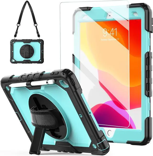 Main image of iPad 9th/8th Generation Case 2021/2020 10.2 Inch with Tempered Glass Screen Protector & Pencil Holder | Rugged Protective Kids iPad 7th Gen 10.2 Case 2019 Cover w/Stand Hand Shoulder Strap |SkyBlue