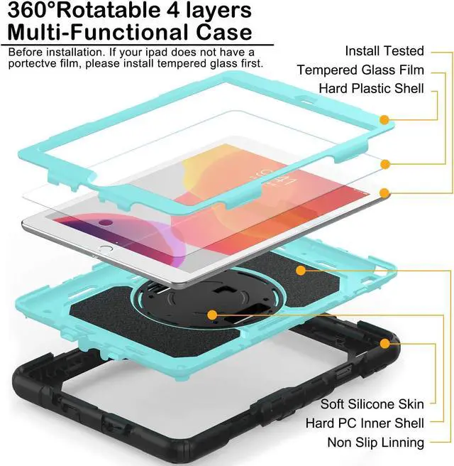 Alt view image 2 of 5 - iPad 9th/8th Generation Case 2021/2020 10.2 Inch with Tempered Glass Screen Protector & Pencil Holder | Rugged Protective Kids iPad 7th Gen 10.2 Case 2019 Cover w/Stand Hand Shoulder Strap |SkyBlue