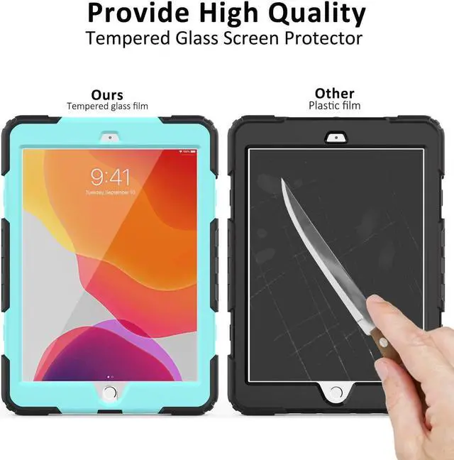 Alt view image 3 of 5 - iPad 9th/8th Generation Case 2021/2020 10.2 Inch with Tempered Glass Screen Protector & Pencil Holder | Rugged Protective Kids iPad 7th Gen 10.2 Case 2019 Cover w/Stand Hand Shoulder Strap |SkyBlue