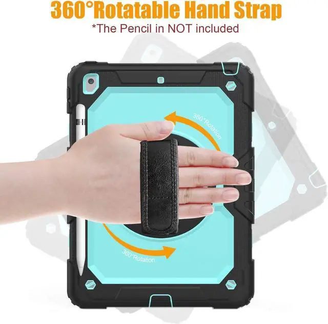 Alt view image 4 of 5 - iPad 9th/8th Generation Case 2021/2020 10.2 Inch with Tempered Glass Screen Protector & Pencil Holder | Rugged Protective Kids iPad 7th Gen 10.2 Case 2019 Cover w/Stand Hand Shoulder Strap |SkyBlue