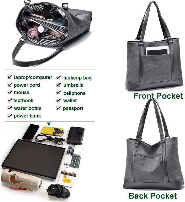 Alt view image 5 of 5 - Laptop Bag for Women - Teacher Canvas Tote Bag with Compartments, Work Tote Bag for Travel Office 15.6 Inch