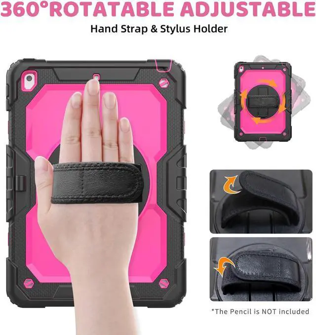 Alt view image 3 of 5 - BLOSOMEET Case for iPad 9th Generation 2021 10.2 Inch with Tempered Glass Screen Protector & Pencil Holder,Protective Kids iPad 7th/8th Gen Cover 2020 2019 w/Stand Hand Shoulder Strap,Rosered