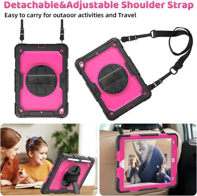 Alt view image 4 of 5 - BLOSOMEET Case for iPad 9th Generation 2021 10.2 Inch with Tempered Glass Screen Protector & Pencil Holder,Protective Kids iPad 7th/8th Gen Cover 2020 2019 w/Stand Hand Shoulder Strap,Rosered