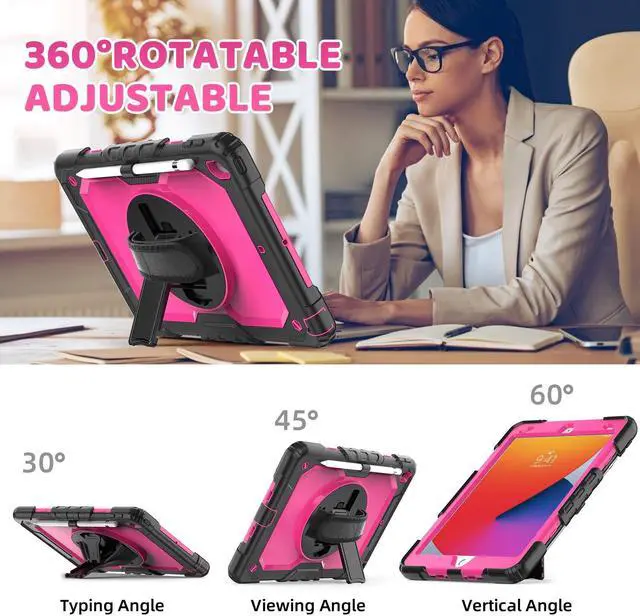Alt view image 5 of 5 - BLOSOMEET Case for iPad 9th Generation 2021 10.2 Inch with Tempered Glass Screen Protector & Pencil Holder,Protective Kids iPad 7th/8th Gen Cover 2020 2019 w/Stand Hand Shoulder Strap,Rosered