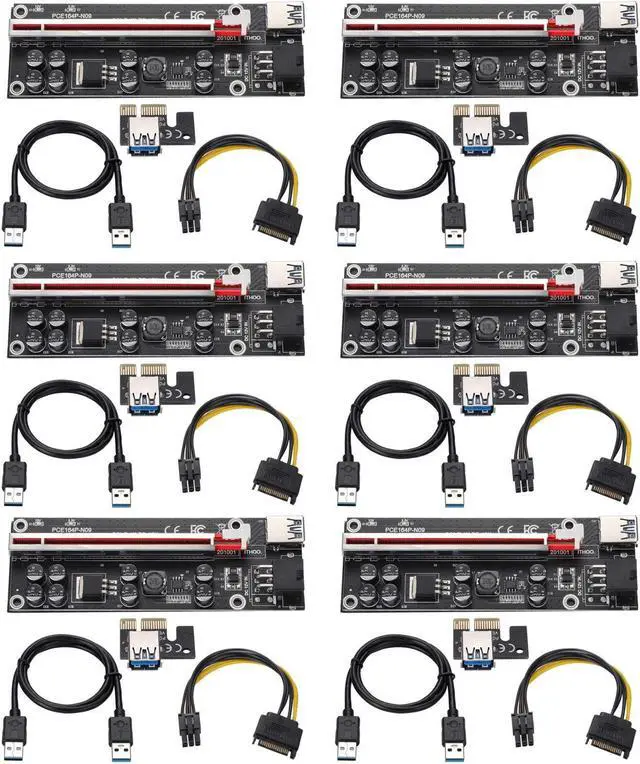 Main image of BEYIMEI PCI-E 1X to 16X Riser Card, with 0.6 m USB 3.0 Extension Cable & 6PIN SATA Power Cable - GPU Extender Riser Card - for Bitcoin Ethereum Mining ETH (VER009S,6 Pack)