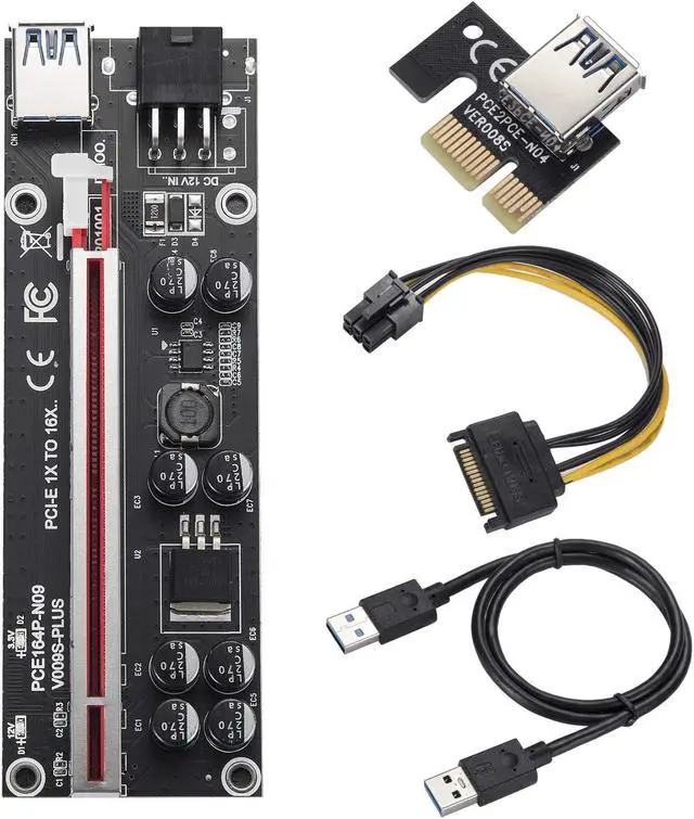 Alt view image 2 of 5 - BEYIMEI PCI-E 1X to 16X Riser Card, with 0.6 m USB 3.0 Extension Cable & 6PIN SATA Power Cable - GPU Extender Riser Card - for Bitcoin Ethereum Mining ETH (VER009S,6 Pack)