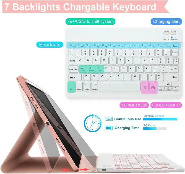 Alt view image 4 of 5 - Keyboard and Case for iPad 7th/8th/9th Generation 10.2-inch 2018/2020/2021, iPad Air 3 2019, 2017 iPad Pro 10.5-inch Case with Pencil Holder, Detachable Wireless BT Keyboard, Tablet Smart Cover(Pink)