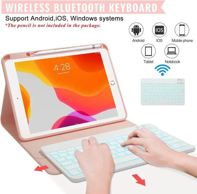 Alt view image 3 of 5 - Keyboard and Case for iPad 7th/8th/9th Generation 10.2-inch 2018/2020/2021, iPad Air 3 2019, 2017 iPad Pro 10.5-inch Case with Pencil Holder, Detachable Wireless BT Keyboard, Tablet Smart Cover(Pink)