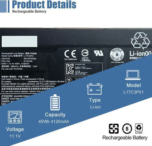 Alt view image 2 of 5 - VANPIR L17C3P51 01AV448 Laptop Battery Compatible with Lenovo ThinkPad E14 E15 E480 E485 E495 E580 E585 E490 E590 E595 Series Notebook SB10K97609 L17M3P52 01AV447 L17L3P51 01AV445 L17M3P51 01AV446