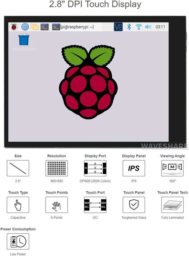 Alt view image 4 of 5 - 2.8 Inch DPI LCD Touchscreen for Raspberry Pi, 480×640 Portrait IPS Display, Capacitive 5-Point Touch, DPI666 Interface, Optical Bonding Glass, Low Power Consumption