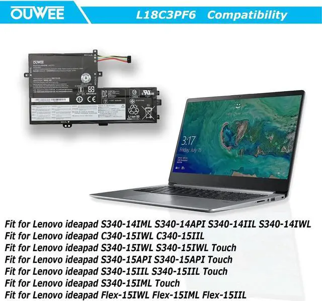 Alt view image 4 of 5 - OUWEE L18C3PF6 Laptop Battery Compatible With Lenovo ideapad S340-14IML/14API/14IIL/14IWL C340-15IWL/15IIL S340-15IWL/15API/15IIL Flex-15IWL/15IML/15IIL Series L18M3PF7 L18C3PF7 L18L3PF3 L18L3PF2 36Wh