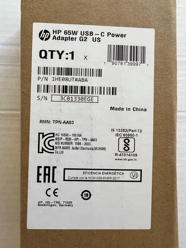 Main image of Original For HP 65W USB Type-C Travel Ac Adapter For:HP Spectre x360 13-AE015DX, 100% Compatible with HP Part Number: 860065-002, 860209-850, 925740-002, TPN-CA06, 918170-002, X7W50AA#ABA- Retail Box