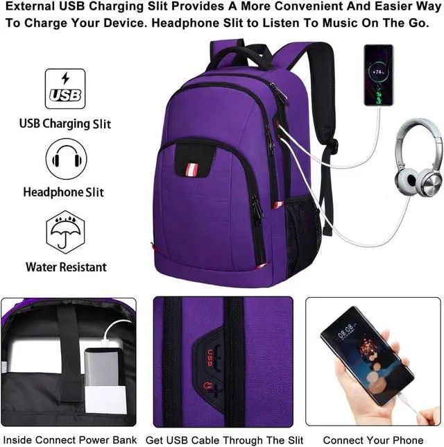 Alt view image 2 of 5 - Della Gao Travel Laptop Backpack, Anti Theft Backpack for Men and Women with USB Charging Port Business Computer Backpack Bag (Purple, 15.6 Inch)