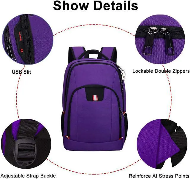 Alt view image 4 of 5 - Della Gao Travel Laptop Backpack, Anti Theft Backpack for Men and Women with USB Charging Port Business Computer Backpack Bag (Purple, 15.6 Inch)