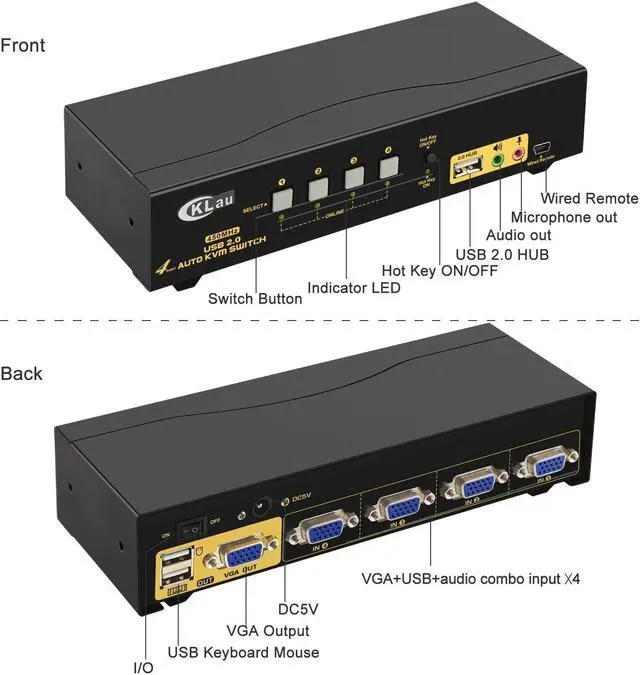 Alt view image 4 of 5 - CKLau 4 Port 450MHz USB Auto VGA KVM Switch with Audio and Cables, Monitor Switch for Multiple Computers Support Windows, Linux, Mac, Debian, Ubuntu, Fedora, Raspbian, Ubuntu