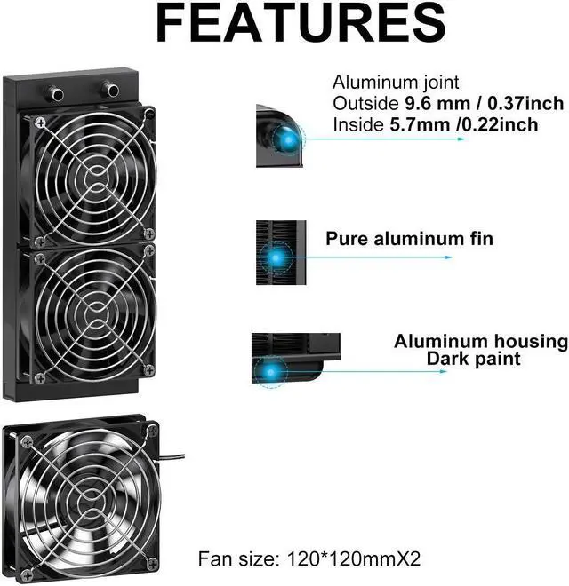 Alt view image 2 of 5 - Clyxgs Water Cooling Radiator, 12 Pipe Aluminum Heat Exchanger Radiator with Fan for PC CPU Computer Water Cool System DC12V 240mm Black