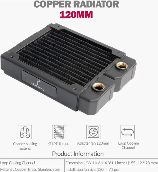 Alt view image 2 of 5 - Dracaena.io 120mm - 28mm/1.1 inch Thick Computer Radiator, 14 Tubes Copper Water Cooling Cooler for CPU Heat Sink - Liquid Heat Exchanger Dual G1/4 Thread, Black