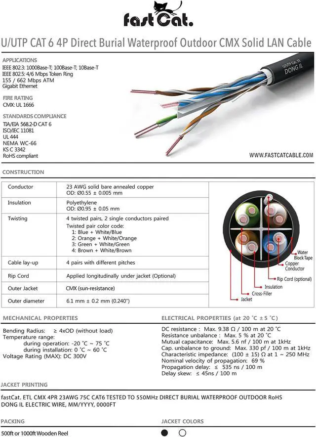 Alt view image 2 of 5 - fast Cat. Cat6 Direct Burial Outdoor Ethernet Cable - 1000Ft Waterproof Cat6 Cable with 23AWG Solid Copper Conductors - CMX, UTP 550MHz Heavy Network & Gaming Ethernet Cable  White