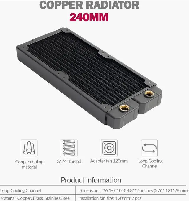 Alt view image 2 of 5 - Dracaena 240mm - 28mm/1.1inch Thick Computer Radiator, 14 Tubes Copper Water Cooling Cooler for CPU Heat Sink - Liquid Heat Exchanger Dual G1/4 Thread, Black