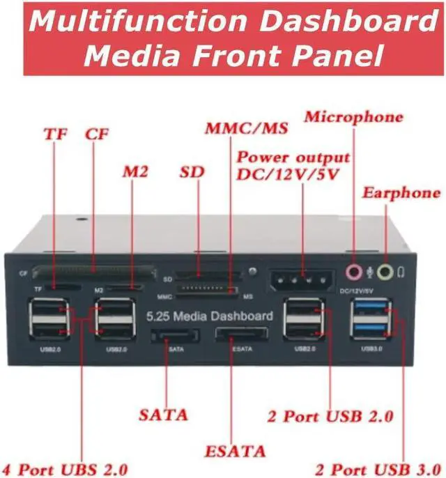 Alt view image 3 of 5 - Multifunction Card Reader, 5.25 inch Media Dashboard, with USB3.0/2.0 Hub, eSATA, 4 pin Power Port, Audio, Supports M2/TF/SD/MS/CF, Multi Card Reader