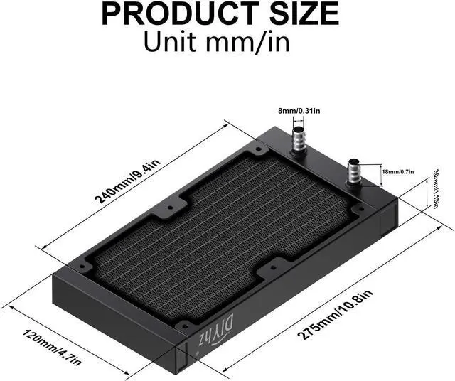 Alt view image 2 of 5 - DIYhz Water Cooling Computer Radiator, 12 Pipe Aluminum Heat Exchanger Liquid Cooling Radiator Heat Sink 240mm with Dual Fans for CPU PC Laser Water Cool System DC12V Black