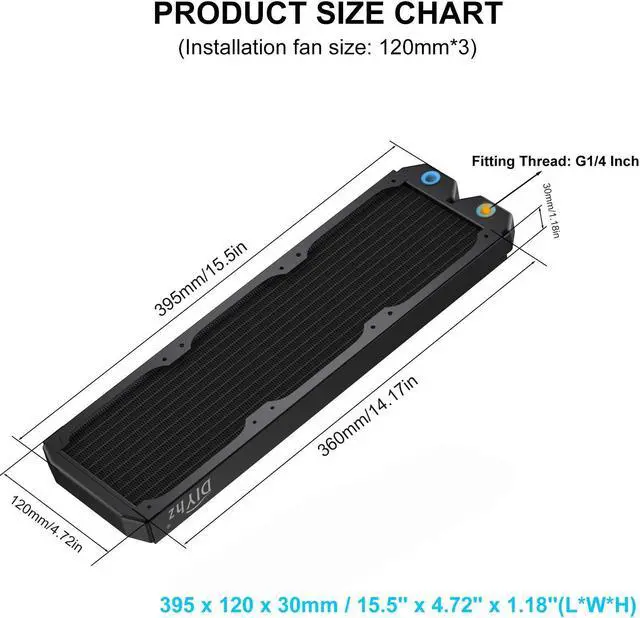 Alt view image 2 of 5 - DIYhz Water Cooling Computer Radiator, 12 Pipe Thick Copper Heat Exchanger Liquid Cooling Radiator G1/4 Thread Heat Row Sink 360mm for CPU PC Laser Water Cool System DC12V Black