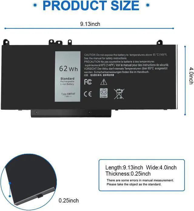 Alt view image 3 of 5 - 6MT4T 7V69Y E5470 E5570 Battery Compatible with Dell Latitude E5470 E5570 E5270 5470 5570 Precision 3510 M3510 62Wh, 79VRK 079VRK TXF9M 0TXF9M HK6DV 0HK6DV 07V69Y 535NC 15 14 7.6V 62Whr 4-Cell