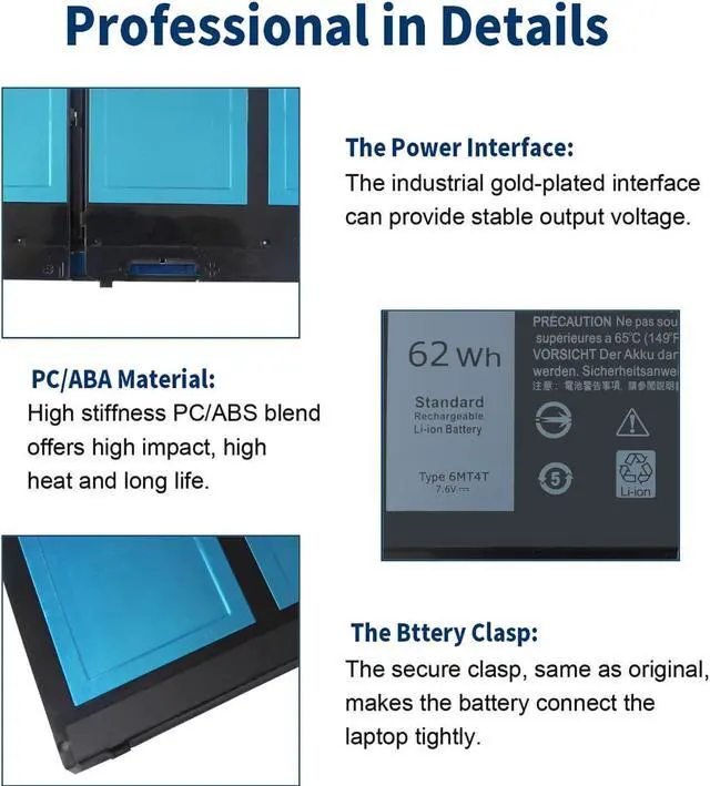 Alt view image 2 of 5 - 6MT4T 7V69Y E5470 E5570 Battery Compatible with Dell Latitude E5470 E5570 E5270 5470 5570 Precision 3510 M3510 62Wh, 79VRK 079VRK TXF9M 0TXF9M HK6DV 0HK6DV 07V69Y 535NC 15 14 7.6V 62Whr 4-Cell