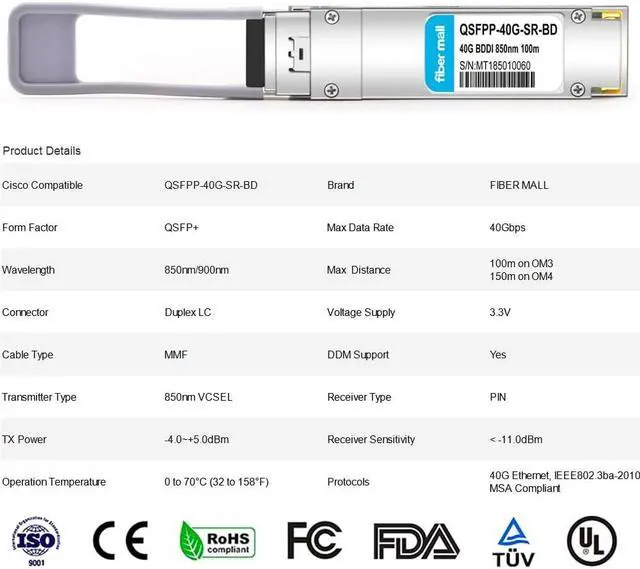 Alt view image 2 of 5 - 40G QSFP+ SR BiDi for Cisco QSFP-40G-SR-BD,Meraki MA-QSFP-40G-SR-BD, 40GBASE-SR Bi-Directional QSFP+LC Multi-Mode Transceiver Modul 850nm/900nm MMF 100m/150m Duplex LC