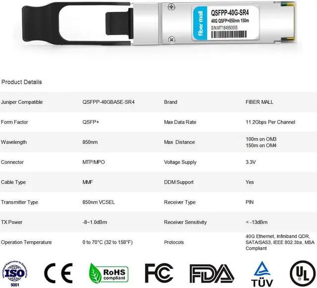 Alt view image 2 of 5 - 40G QSFP+ SR4 for Juniper QSFPP-40GBASE-SR4, QFX-QSFP-40G-SR4, EX-QSFP-40GE-SR4,40GBASE-SR4 QSFP+ 850nm 150m MTP/MPO DOM Optical Transceiver Module
