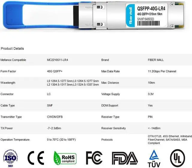 Alt view image 3 of 5 - 40G QSFP+ LR4 for Mellanox MC2210511-LR4 40GBASE-LR4 QSFP+ 1310nm (CWDM4) 10km LC DOM Optical Transceiver Module