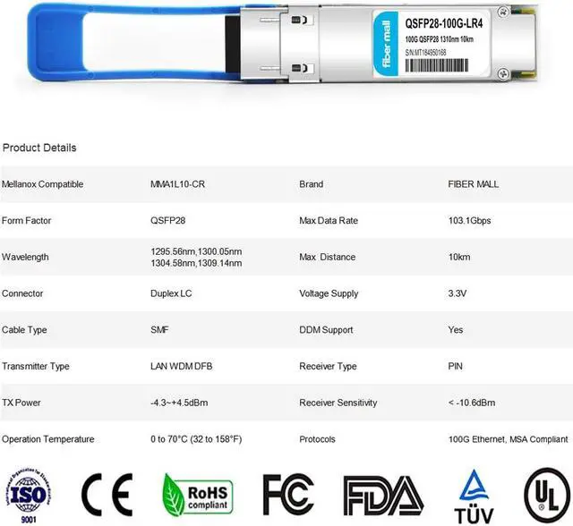 Alt view image 2 of 5 - 100G QSFP28 LR4 for Mellanox MMA1L10-CR, 100GBASE-LR4 QSFP28 Optical Transceiver Module,1310nm 10km LAN WDM LC SMF DOM