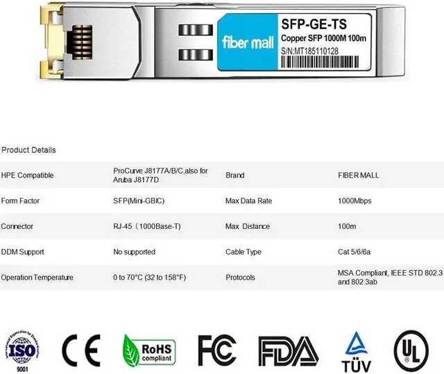 Alt view image 2 of 5 - SFP to RJ45 for HPE Procurve J8177C J8177B HPE Aruba J8177D J8177DCM JL747A 1000BASE-T SFP Copper RJ-45 100m Transceiver Module Pack of 4