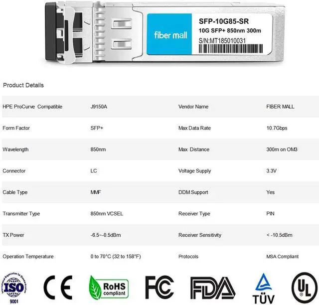 Alt view image 2 of 5 - Fiber Mall SFP 10G SR for HPE ProCurve J9150A HPE Aruba J9150D 10GBASE-SR SFP+ 850nm 300m MMF DOM Transceiver Module Pack of 6