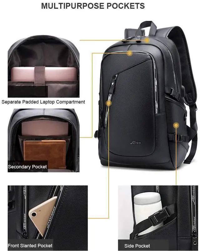 Alt view image 3 of 5 - DYJ Vegan Leather Laptop Backpack for Women&Men, Faux Leather Vintage Weekend Travel Daypack with USB Charging Port Fit 17 Inch Laptops