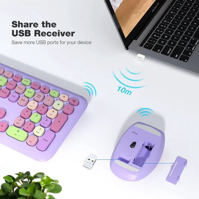 Alt view image 2 of 5 - MOFII Wireless Keyboard and Mouse Combo, 2.4G Silent Cordless Slim Full Size Keyboard and Ergonomic Mice Set for Laptop, Desktop, MacBook, PC - Purple Colorful