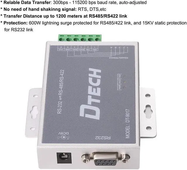 Alt view image 2 of 5 - DTECH Bi-Directional Active RS232 to RS485 RS422 Serial Converter with Surge Protection 600W 15KV ESD DB9 to RJ45 Phoenix Contacts Adapter Power Supply TX RX LEDs for Long Haul Data Communication