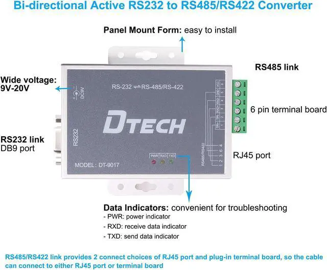 Alt view image 4 of 5 - DTECH Bi-Directional Active RS232 to RS485 RS422 Serial Converter with Surge Protection 600W 15KV ESD DB9 to RJ45 Phoenix Contacts Adapter Power Supply TX RX LEDs for Long Haul Data Communication