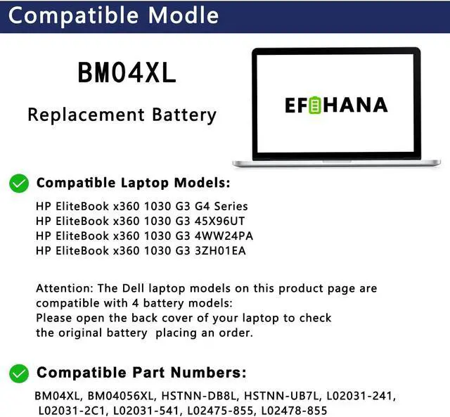 Alt view image 3 of 5 - EFOHANA BM04XL Laptop Battery Replacement for HP EliteBook x360 1030 G3 Series Notebook BMO4XL HSTNN-UB7L L02031-541 BM04056XL L02478-855 7.7V 56.2Wh 7300mAh